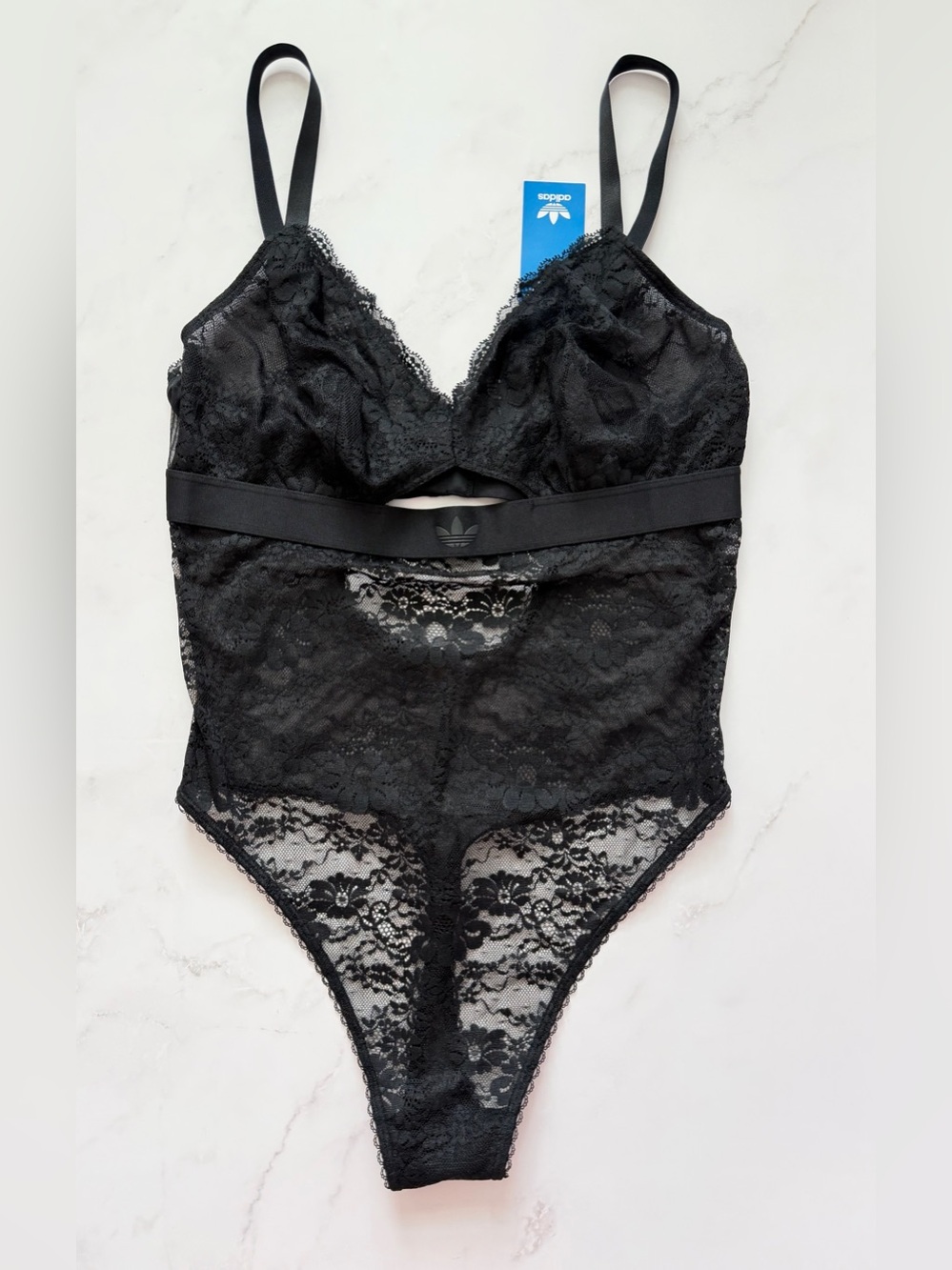 Adidas Originals Logo Lace Bodysuit Black Women’s Size L NWT Sheer